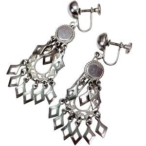 Vintage 1950s Silver Tone Filigree Chandelier Screw Back Earrings Mid Century